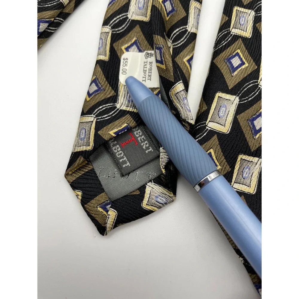 Robert Talbott Mens Silk Tie Black Gold Blue Geometric Diamond Hand Sewn USA